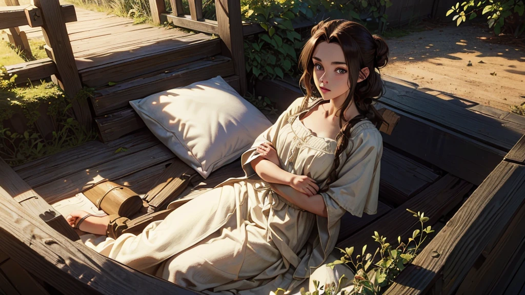 One, ((masterpiece)),((a high resolution)),((Best quality)), Very good and beautiful, super lovely illustration, (Realistic skin), (Insanely detailed anime eyes), mature, bright and beautiful, I look at the viewer, (linen loose peasant tunic, long skirt), tramp, peasant, lowborn, tramp, passenger, (medieval), ((Brown hair)), (((female))), cinema lighting, hair tied up in a bun, sloppy, perfect shadow, realistic Dark lighting, (Dark), shaded, long shadows, medieval scenery, costs