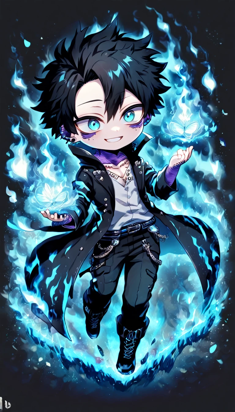 absurdres, highres, ultra detailed, HDR, master piece, best quality, extremely detailed face, delicated features, Dabi chibi, black hair, expressive turquoise eyes, Boku No Hero Academia, solo, cute, smiling, black coat, black pants, black boots, fantasy, magical, blue fire butterflies, fire flowers, blue fire, blue flames, background in flames