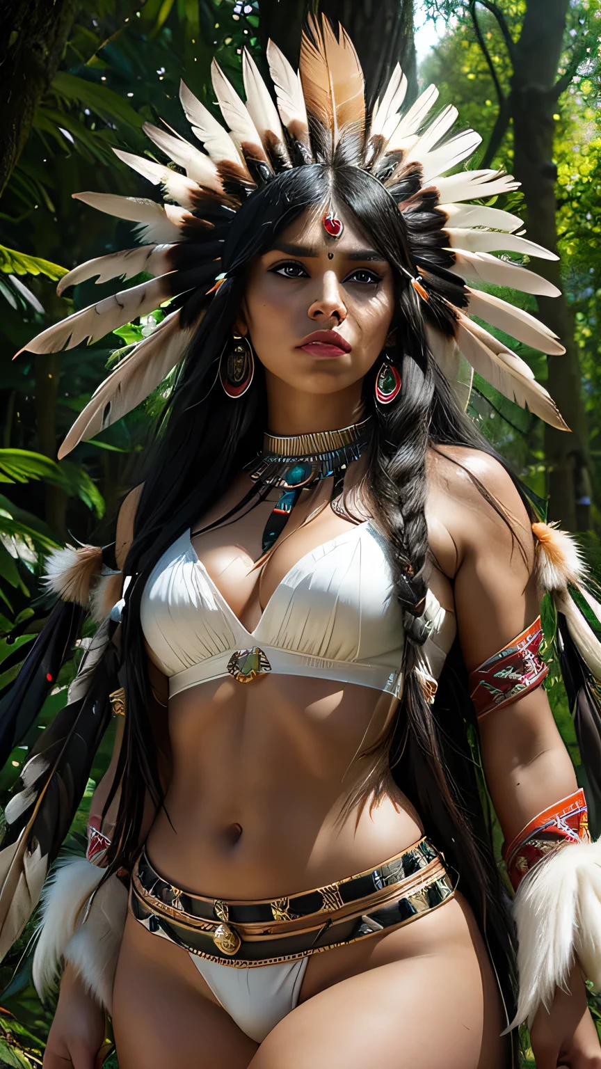 1 girl, ((Wild Indian Native American)), Lip, Big bright eyes, Black eyes, (female native american) , ((Native Indian Feathers)), (Facial details, Bright black eyes, Beautiful Face, Iris Coating, length, Thick eyelashes), (Big leaves in the forest), ((Dynamic pose_random)), (( Beautiful American Indian Warrior))), (Bright colors), (Big Stone ), (prairie), masterpiece, 最high quality, high quality, High resolution, Bra with ruffles,