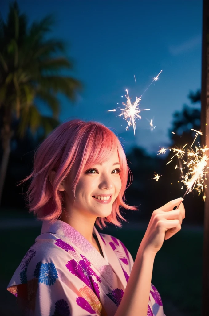 masterpiece, 4K, 8k, RAW photo, realistic, in the park at night, There is a woman holding a sparkler in her hand, Wearing a colorful yukata, pink hair, upper body, Portrait Shot, Beautiful images, smile, outdoor, dark night