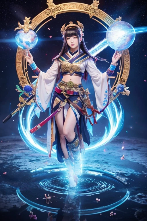Japanese women God One face, six arms sword Orb gun Hoko Staff