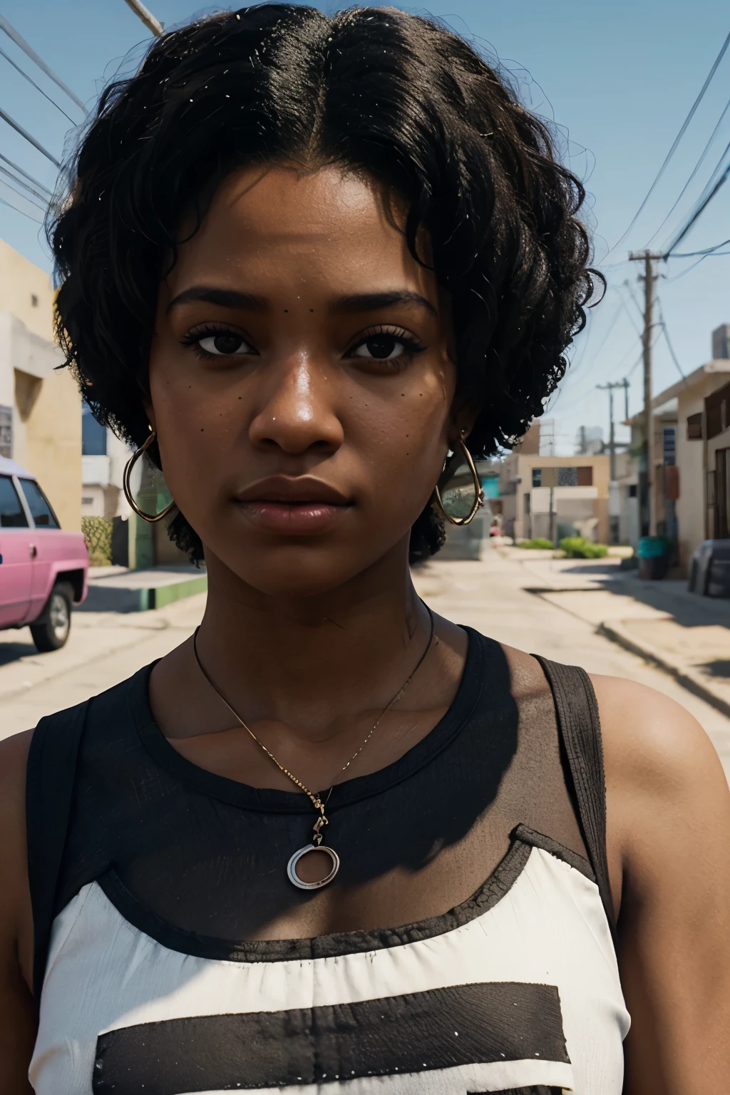 An afro latina girl, , GTA Vice City, GTA 5 cover, border style, Transparent shadows, Highly detailed symmetrical eyes