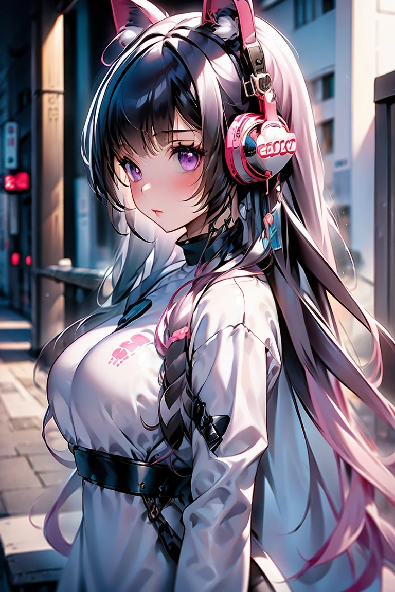 1girl, animal ears, long hair, solo, pink hair, looking at viewer, animal ear fluff, headphones, upper body, blurry background, virtual youtuber, blush, blurry, white sweater, from side, closed mouth, purple eyes, sweater, wolf ears, hair between eyes, breasts, turtleneck, implied extra ears, blue eyes, depth of field, outdoors, looking to the side