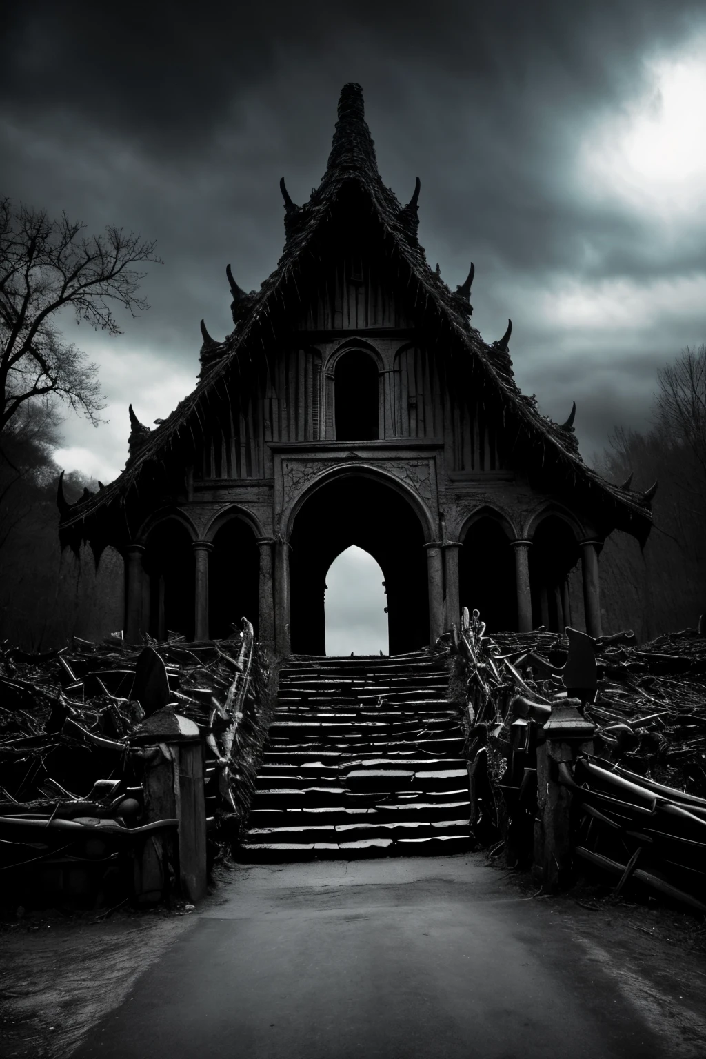 ((best quality)), ((masterpiece)), (detailed), A foreboding black dungeon shaped like a demonic mouth with sharp, jagged teeth. The entrance is an ominous, gaping maw leading into a pitch-black abyss. The surrounding area is dark and eerie, with twisted, gnarled trees and a gloomy, overcast sky. The atmosphere is filled with a sense of dread and danger, evoking the feeling of an ancient, cursed place