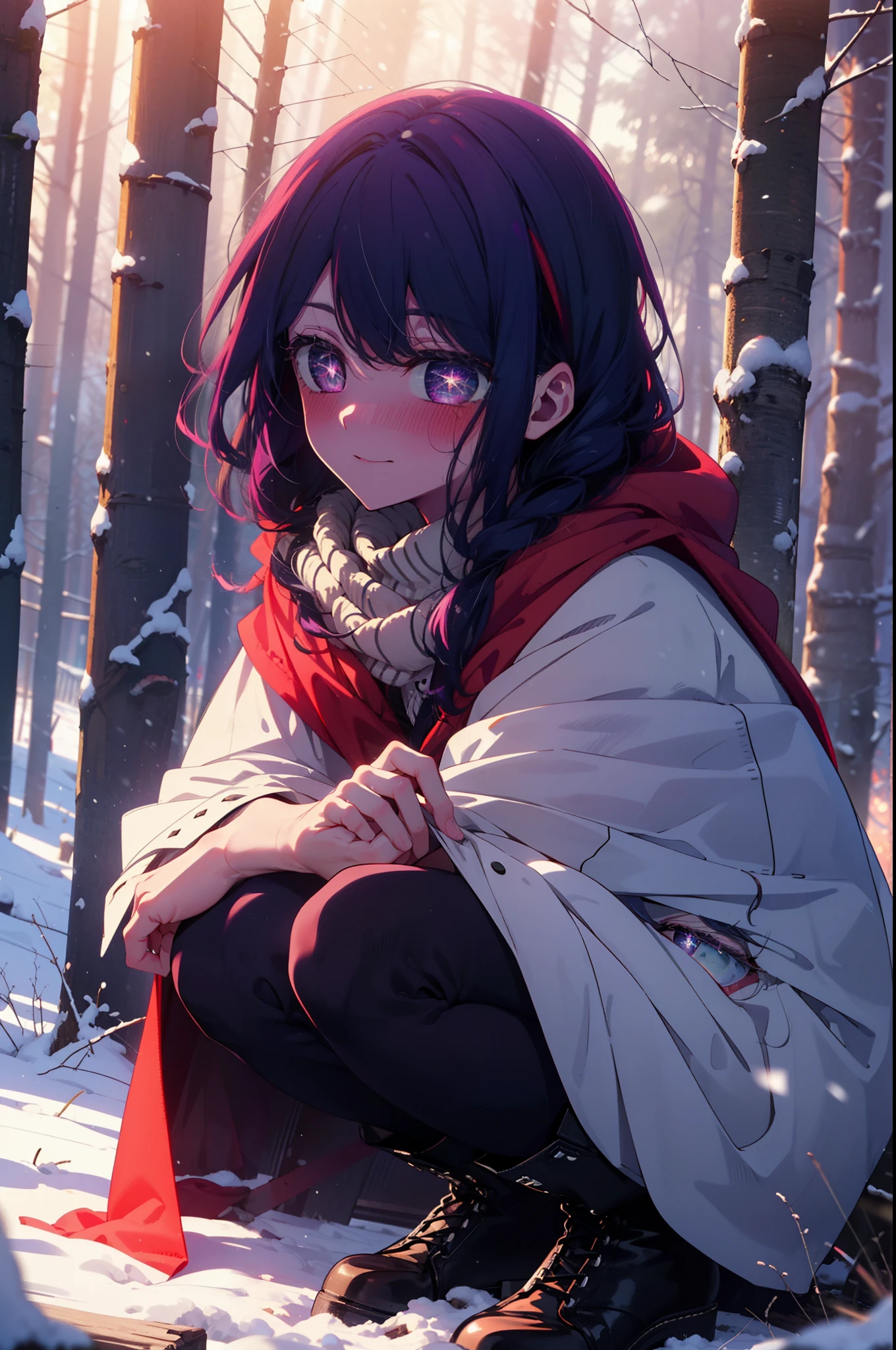 aihoshino, Ai Hoshino, Long Hair, bangs, (Purple eyes:1.1), Purple Hair, (Symbol-shaped pupil:1.5), smile,,smile,blush,white breath,
Open your mouth,snow,Ground bonfire, Outdoor, boots, snowing, From the side, wood, suitcase, Cape, Blurred, , forest, White handbag, nature, Squat, Mouth closed, Cape, winter, Written boundary depth, Black shoes, red Cape break looking at viewer, Upper Body, whole body, break Outdoor, forest, nature, break (masterpiece:1.2), Highest quality, High resolution, unity 8k wallpaper, (shape:0.8), (Beautiful and beautiful eyes:1.6), Highly detailed face, Perfect lighting, Highly detailed CG, (Perfect hands, Perfect Anatomy),