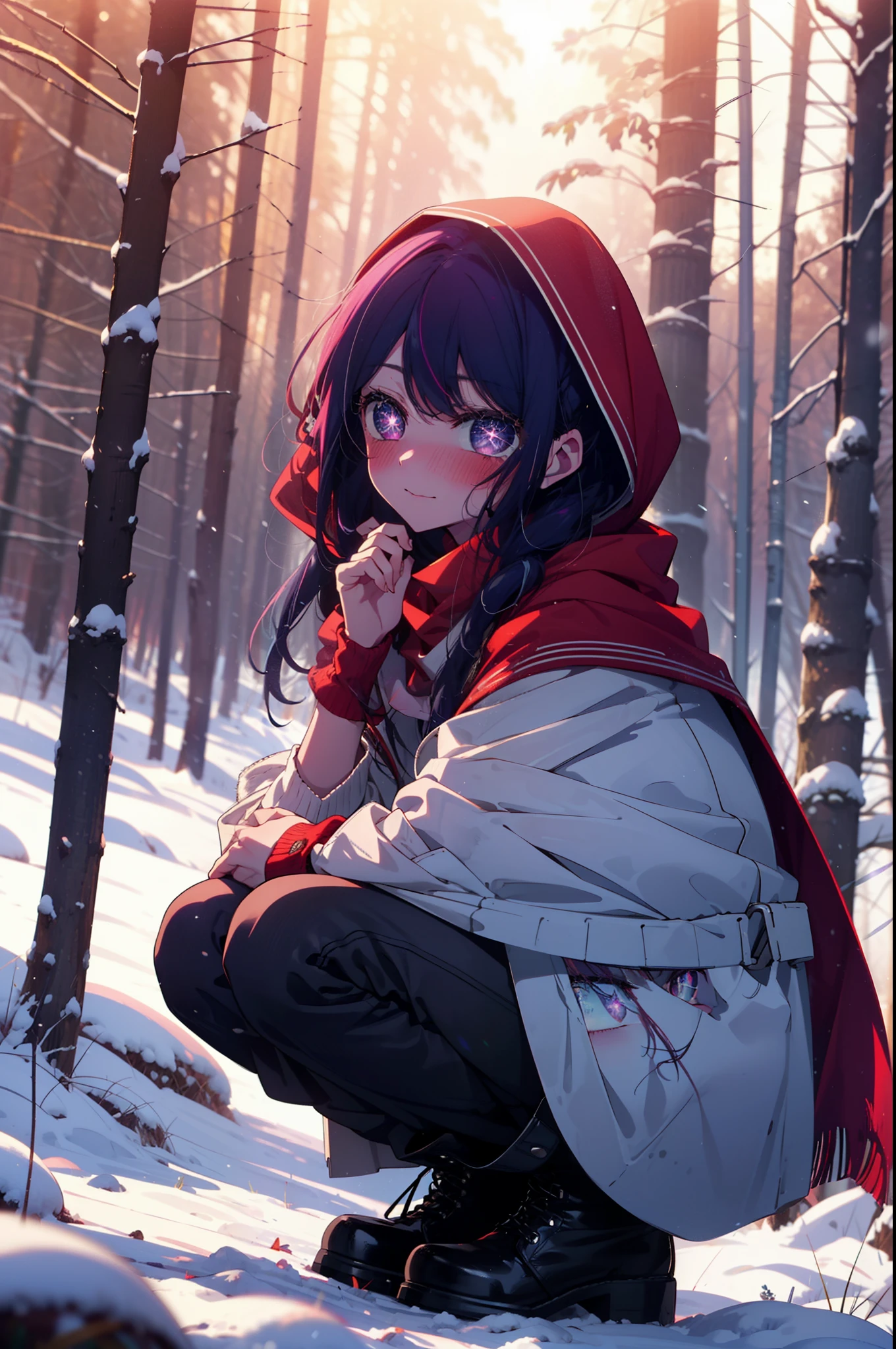 aihoshino, Ai Hoshino, Long Hair, bangs, (Purple eyes:1.1), Purple Hair, (Symbol-shaped pupil:1.5), smile,,smile,blush,white breath,
Open your mouth,snow,Ground bonfire, Outdoor, boots, snowing, From the side, wood, suitcase, Cape, Blurred, , forest, White handbag, nature,  Squat, Mouth closed, Cape, winter, Written boundary depth, Black shoes, red Cape break looking at viewer, Upper Body, whole body, break Outdoor, forest, nature, break (masterpiece:1.2), Highest quality, High resolution, unity 8k wallpaper, (shape:0.8), (Beautiful and beautiful eyes:1.6), Highly detailed face, Perfect lighting, Highly detailed CG, (Perfect hands, Perfect Anatomy),