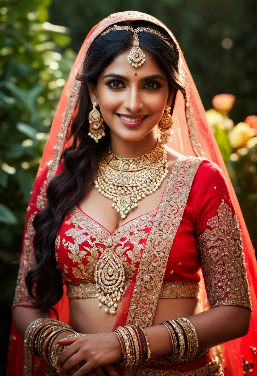 (masterpiece fantasy photography:1.3) of a (solo full body:1.3) ravishing elegant chubby supermodel Sonam Bajwa as persian bride, in a elegant garden wedding, wearing shimmering red lehenga and blouse, navel, glittering henna tattoos, lavish flower decorations, (ravishing long wavy backlit hair), enchanting, (glowing intricate eyes:1.3), (adorable smile:1.3) soft dramatic lighting, flower bouqets everywhere, backlit, light rays, highly detailed, trending on artstation, paint splashes, rich colour, fantasy portrait, by atey ghailan & greg Rutkowski