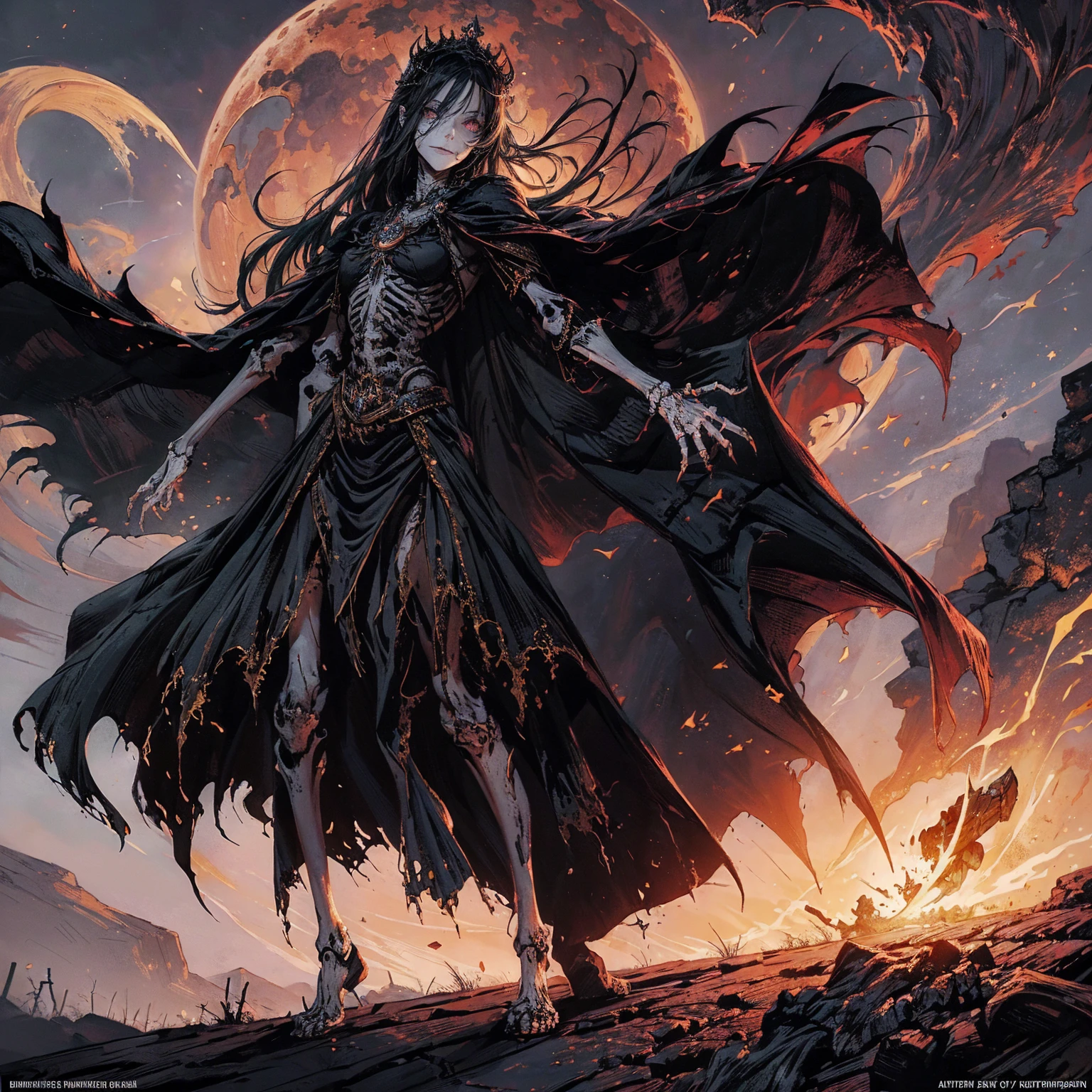 (full body:1.5), (wide shot:1.2), best quality, 4K, high resolution, (masterpiece:1.2), Very detailed, (actual:1.37), (anatomically correct:1.2), Mood lighting, A black hair young undead girl in a long cape, Whole body including hands & arms & legs & feet are all skeleton bones but except the head is still beautiful human face, Wearing a ragged gothic skirt, Shaded expression, Aloofness emotion, Dangerous sneer, beautiful but sorrowful smile, Black tears of blood flowed from eyes, lean on one side floating above ground, Facing the camera, Crucified, Pitch black sky, Blood-red moon, strange atmosphere, Gothic style, Unforgettable beauty, Dramatic shadows, Ethereal Light, Mysterious atmosphere, Necromancer, Dark Magic, Resurrection of the Dead, Resurrected zombies and skeletons roaming around, bone dragon, pathfinder: wrath of the righteous: lich myth path.