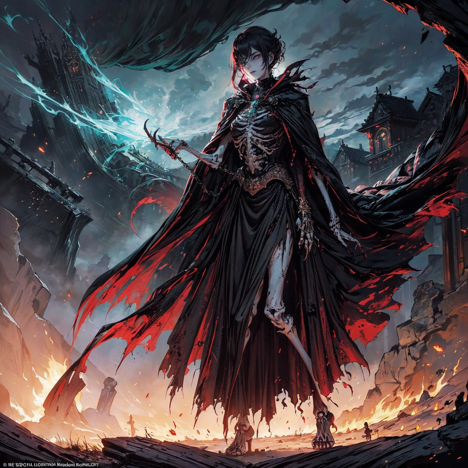 (full body:1.5), (wide shot:1.2), best quality, 4K, high resolution, (masterpiece:1.2), Very detailed, (actual:1.37), (anatomically correct:1.2), Mood lighting, A black hair young undead girl in a long cape, Whole body including hands & arms & legs & feet are all skeleton bones but except the head is still beautiful human face, Wearing a ragged gothic skirt, Shaded expression, Aloofness emotion, Dangerous sneer, beautiful but sorrowful smile, Black tears of blood flowed from eyes, lean on one side floating above ground, Facing the camera, Crucified, Pitch black sky, Blood-red moon, strange atmosphere, Gothic style, Unforgettable beauty, Dramatic shadows, Ethereal Light, Mysterious atmosphere, Necromancer, Dark Magic, Resurrection of the Dead, Resurrected zombies and skeletons roaming around, bone dragon, pathfinder: wrath of the righteous: lich myth path.