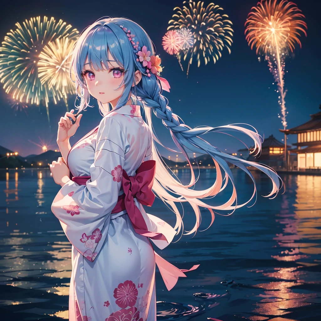 Sky Blue Medium Hair, (Braided hair),(Pink Eyes),Fair skin ,(whole body),(1 girl)、Floral Yukata、summer night、Fireworks on the lake、Big fireworks、Straight bangs,(masterpiece, Highest quality, Very detailed, Best Shadow), (Detailed Background), (Beautifully detailed face), High Contrast, (Best lighting, Very delicate and beautiful), ((Cinematic Light)), colorful, Hyper Detail 8k, Dramatic Light, Intricate details,Fireworks light reflected on the water