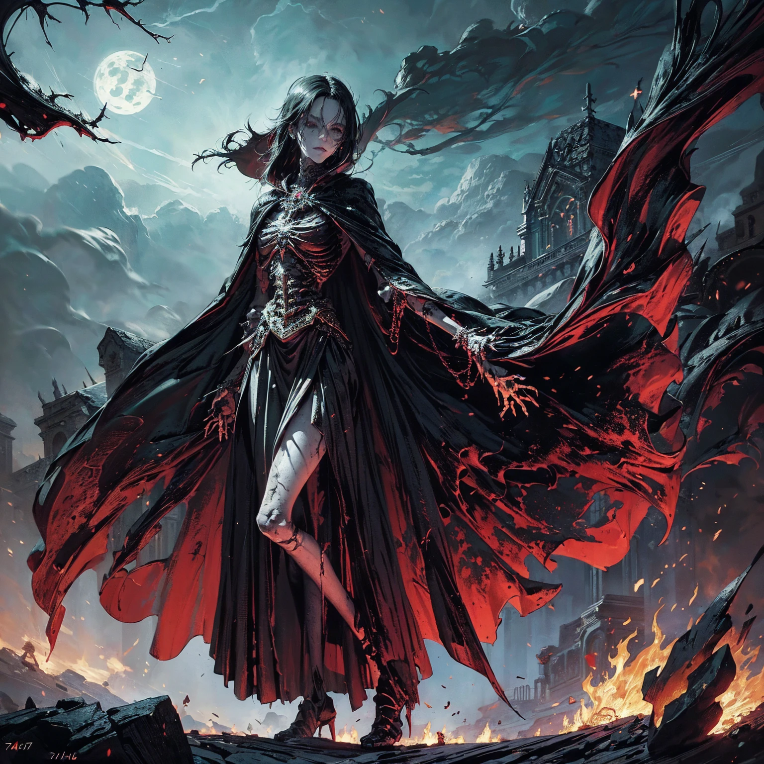 (full body:1.5), (wide shot:1.2), best quality, 4K, high resolution, (masterpiece:1.2), Very detailed, (actual:1.37), (anatomically correct:1.2), Mood lighting, A black hair young undead girl in a long cape, Whole body including hands & arms & legs & feet are all skeleton bones but except the head is still beautiful human face, Wearing a ragged gothic skirt, Shaded expression, Aloofness emotion, Dangerous sneer, beautiful but sorrowful smile, Black tears of blood flowed from eyes, lean on one side floating above ground, Facing the camera, Crucified, Pitch black sky, Blood-red moon, strange atmosphere, Gothic style, Unforgettable beauty, Dramatic shadows, Ethereal Light, Mysterious atmosphere, Necromancer, Dark Magic, Resurrection of the Dead, Resurrected zombies and skeletons roaming around, bone dragon, pathfinder: wrath of the righteous: lich myth path.