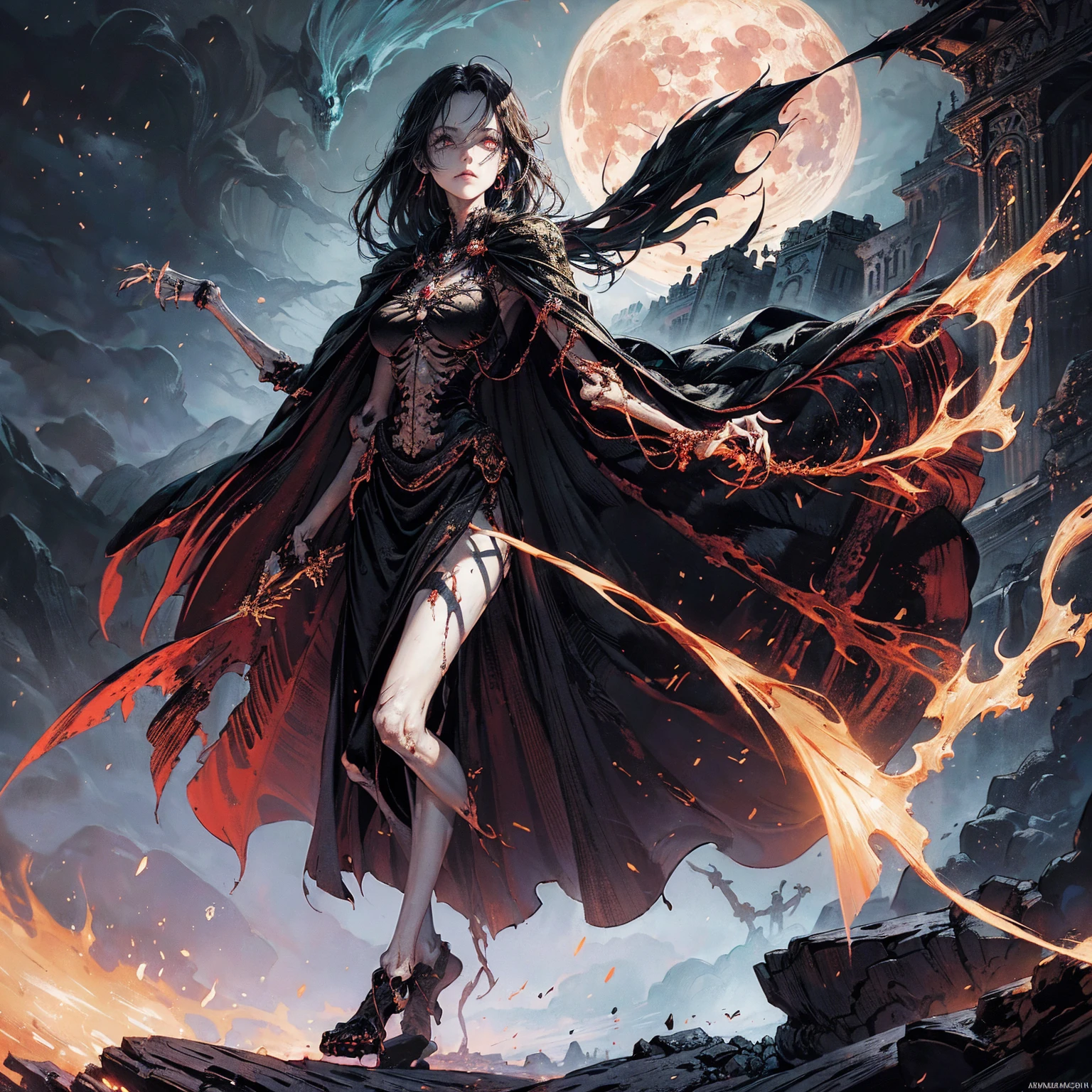 (full body:1.5), (wide shot:1.2), best quality, 4K, high resolution, (masterpiece:1.2), Very detailed, (actual:1.37), (anatomically correct:1.2), Mood lighting, A black hair young undead girl in a long cape, Whole body including hands & arms & legs & feet are all skeleton bones but except the head is still beautiful human face, Wearing a ragged gothic skirt, Shaded expression, Aloofness emotion, Dangerous sneer, beautiful but sorrowful smile, Black tears of blood flowed from eyes, lean on one side floating above ground, Facing the camera, Crucified, Pitch black sky, Blood-red moon, strange atmosphere, Gothic style, Unforgettable beauty, Dramatic shadows, Ethereal Light, Mysterious atmosphere, Necromancer, Dark Magic, Resurrection of the Dead, Resurrected zombies and skeletons roaming around, bone dragon, pathfinder: wrath of the righteous: lich myth path.