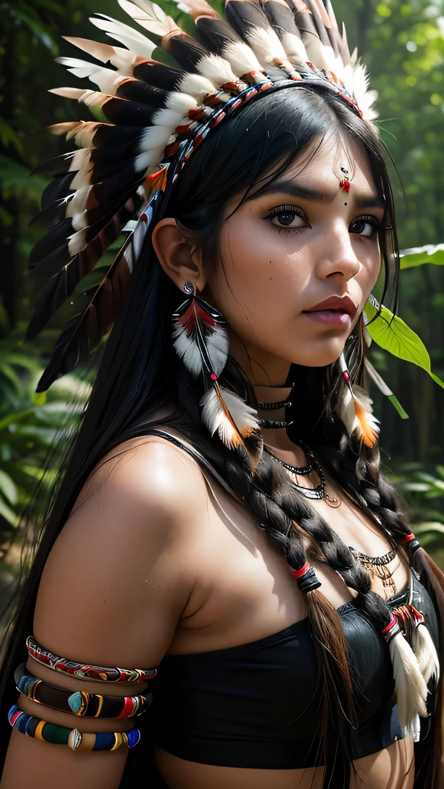 1 girl, ((Wild Indian Native American)), Lip, Big bright eyes, Black eyes, (female native american) , ((Native Indian Feathers)), (Facial details, Bright black eyes, Beautiful Face, Iris Coating, length, Thick eyelashes), (Big leaves in the forest), ((Dynamic pose_random)), (( Beautiful American Indian Warrior))), (Bright colors), (Big Stone ), (prairie), masterpiece, 最high quality, high quality, High resolution, ((Upper body portrait)), Upper body portrait, Bra with ruffles,