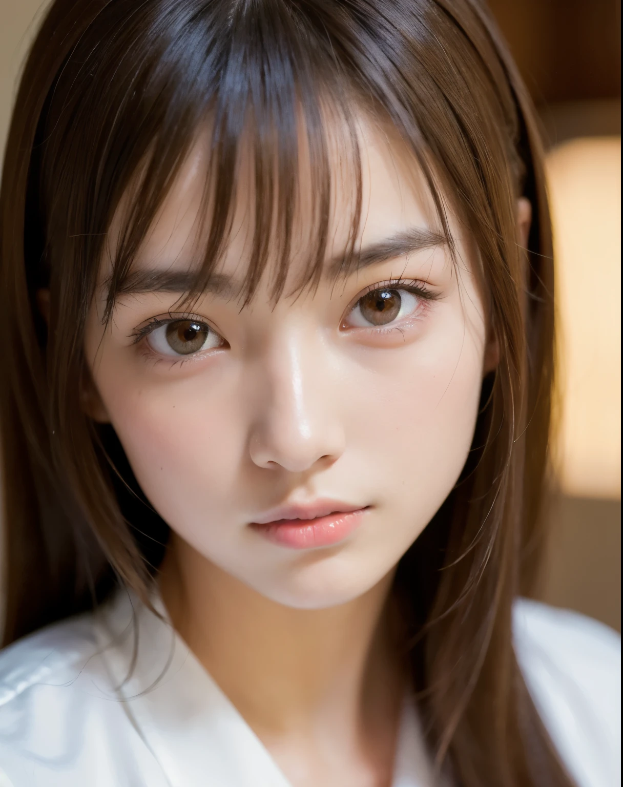 Highest quality, Face Focus, Soft Light, Ultra-high resolution, (Realistic:1.4), RAW Photos,
1 Japanese girl, alone, cute, (pupil, Light in your eyes),  Beautiful face in every detail, (Small box),(High resolution detail of human skin texture),
(Long Hair),
indoor,
Damask Shirt Dress,
(Portraiture)