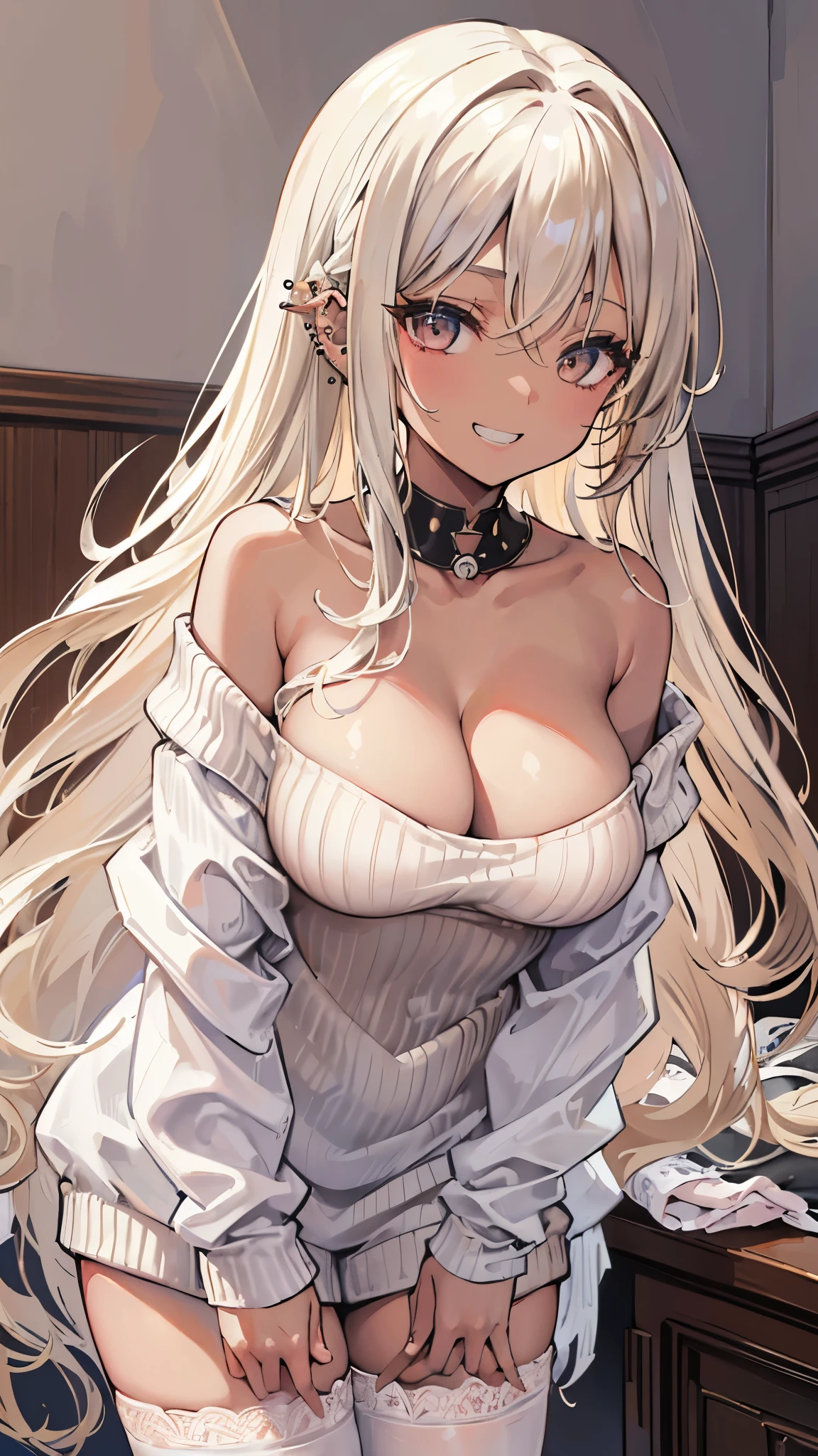 (masterpiece、Highest quality、Very detailed))、One girl、((Brown skin:1.3))、Blonde、Long Hair、Wavy Hair、Grey Eyes、evilsmile、((Grin))、((lots of piercing))、Large Breasts、cleavage、((white sweater))、Off the shoulder、Strapless、black thighhighs、Cowboy Shot、((bent over))、Bedroom Background