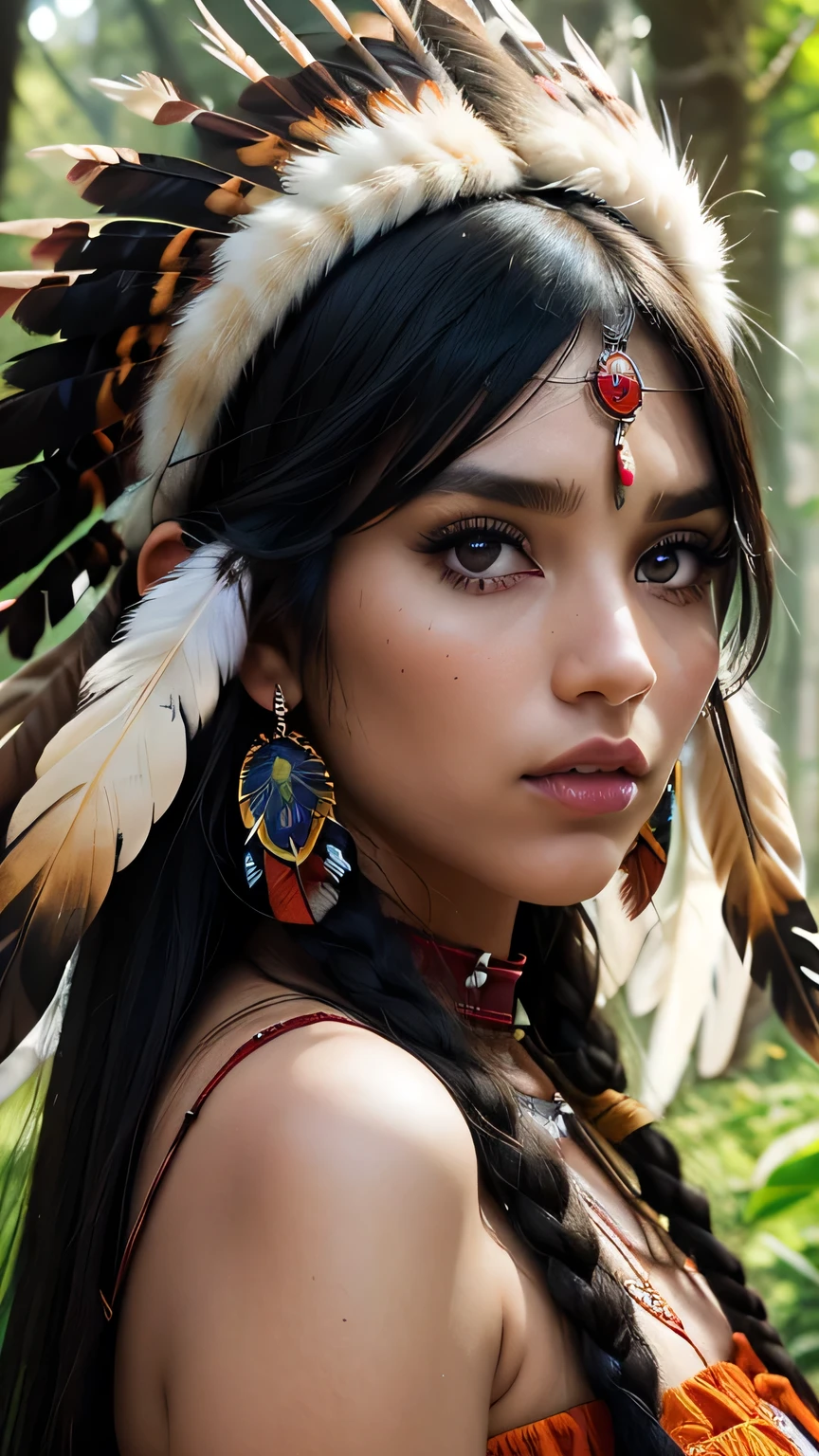 1 girl, ((Wild Indian Native American)), Lip, Big bright eyes, Black eyes, (female native american) , ((Native Indian Feathers)), (Facial details, Bright black eyes, Beautiful Face, Iris Coating, length, Thick eyelashes), (Big leaves in the forest), ((Dynamic pose_random)), (( Beautiful American Indian Warrior))), (Bright colors), (Big Stone ), (prairie), masterpiece, 最high quality, high quality, High resolution, ((Upper body portrait)), Upper body portrait, Bra with ruffles,