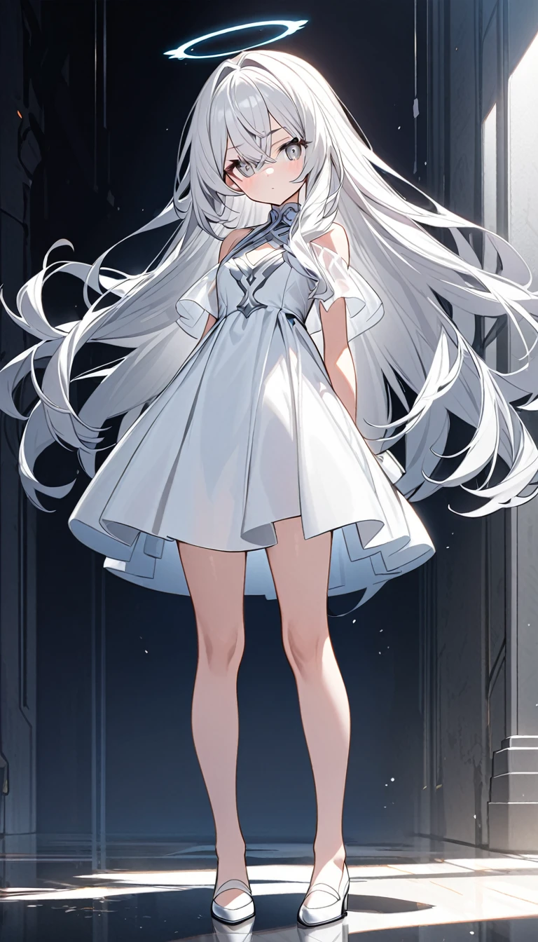 ultra-detalled Cute Girls Long white hair Silver eye White dress Angel Standing posture whole body