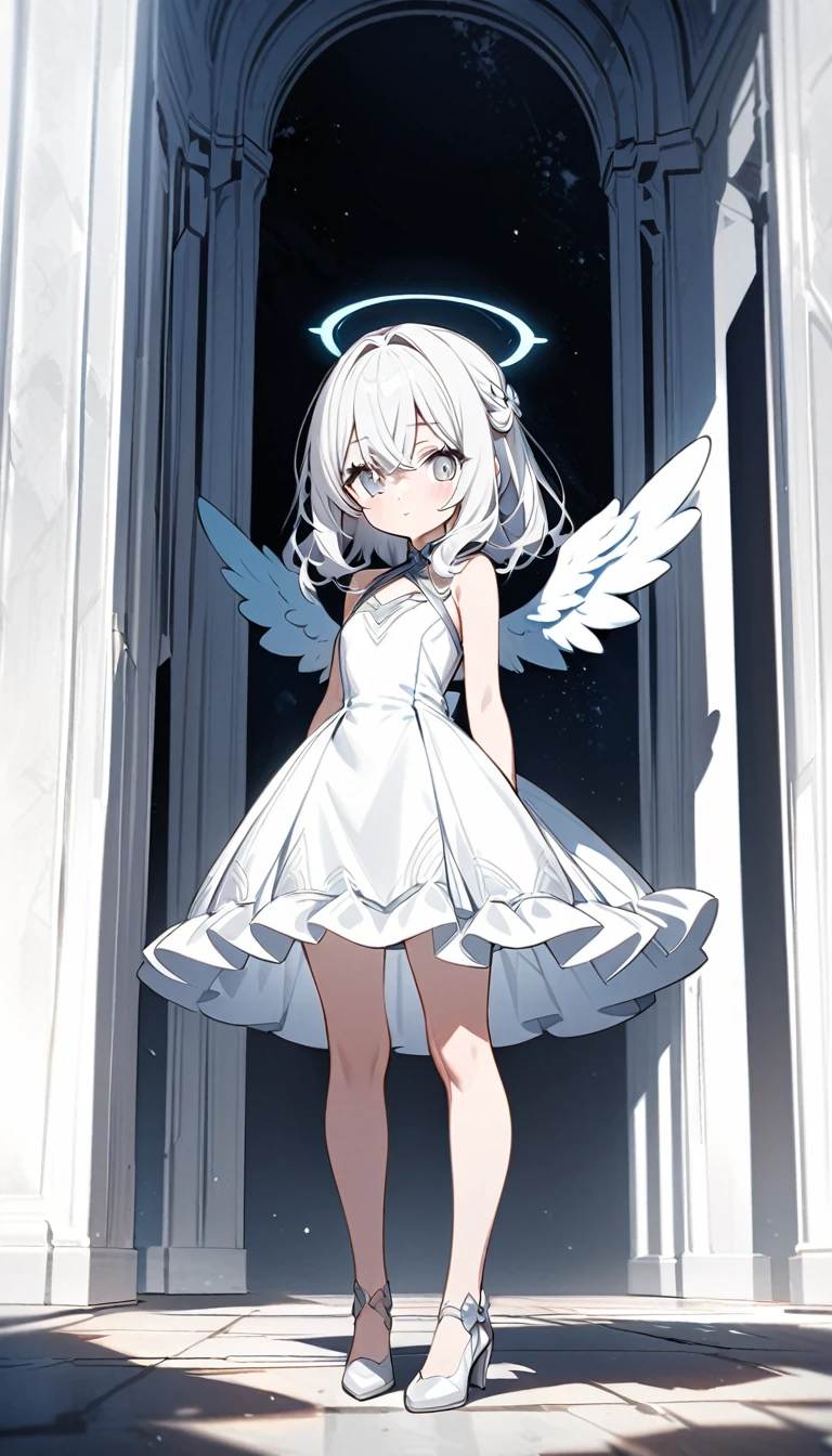 ultra-detalled　Cute Girls　Long white hair　Silver eye　White dress　Angel　Standing posture　whole body