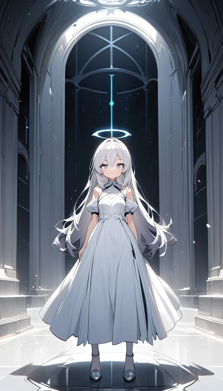 ultra-detalled　Cute Girls　Long white hair　Silver eye　White dress　Angel　Standing posture　whole body