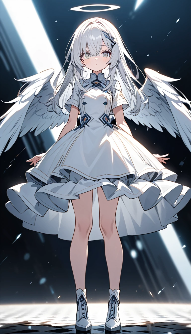 ultra-detalled Cute Girls Long white hair Silver eye White dress Angel Standing posture whole body