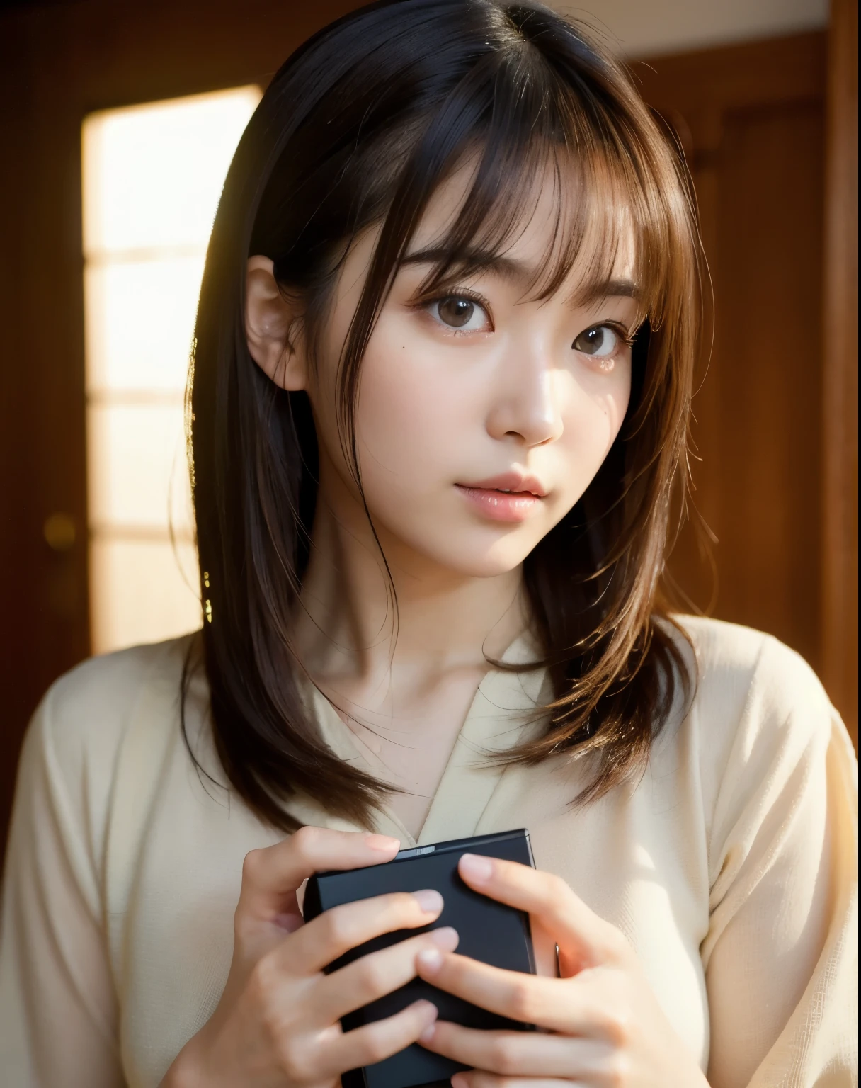 Highest quality, Face Focus, Soft Light, Ultra-high resolution, (Realistic:1.4), RAW Photos,
1 Japanese girl, alone, cute, (pupil, Light in your eyes),  Beautiful face in every detail, (Small box),(High resolution detail of human skin texture),
(Long Hair),
indoor,
Damask Shirt Dress,
(Portraiture)