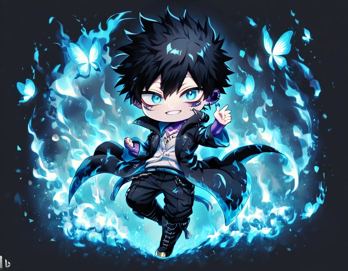 absurdres, highres, ultra detailed, HDR, master piece, best quality, extremely detailed face, delicated features, Dabi chibi, black hair, expressive turquoise eyes, Boku No Hero Academia, solo, cute, smiling, black coat, black pants, black boots, fantasy, magical, blue fire butterflies, fire flowers, blue fire, blue flames, background in flames