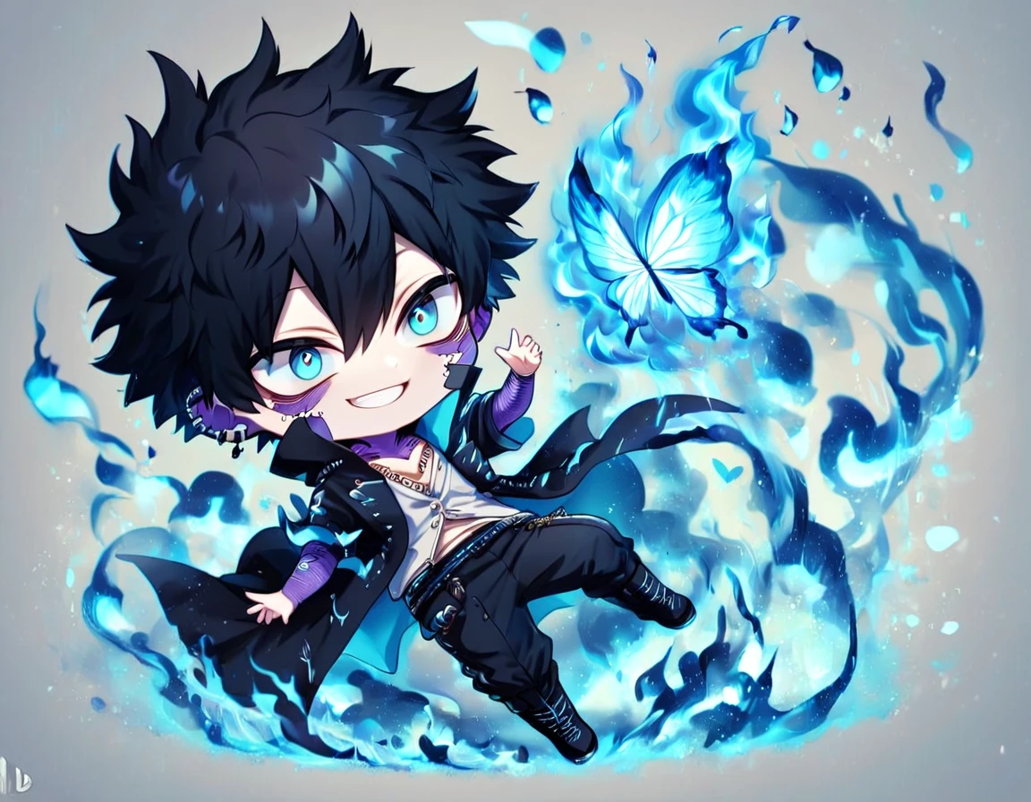absurdres, highres, ultra detailed, HDR, master piece, best quality, extremely detailed face, delicated features, Dabi chibi, black hair, expressive turquoise eyes, Boku No Hero Academia, solo, cute, smiling, black coat, black pants, black boots, fantasy, magical, blue fire butterflies, fire flowers, blue fire, blue flames, background in flames