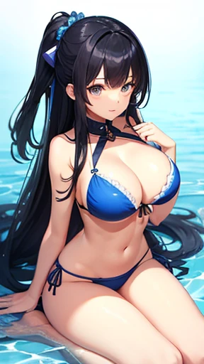 (Highest quality:1.3)、One Girl、Huge 、Blue Bikini、Kneel、Short black hair、Shyness、Cute anime illustrations、Kamimei、Long black hair,Big Breasts