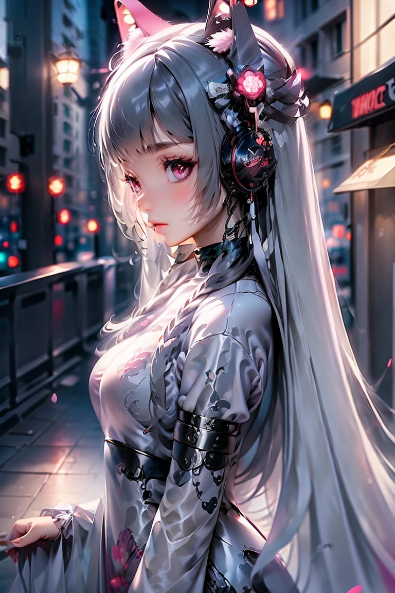 1girl, animal ears, long hair, solo, pink hair, looking at viewer, animal ear fluff, headphones, upper body, blurry background, virtual youtuber, blush, blurry, white sweater, from side, closed mouth, purple eyes, sweater, wolf ears, hair between eyes, breasts, turtleneck, implied extra ears, blue eyes, depth of field, outdoors, looking to the side