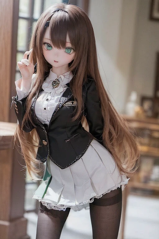 (SFW:2), photorealistic, realistic photo, 8k, ((highest quality)), ((masterpiece)), (extremely detailed), kukolnydom, doll, (mature woman, 21yo, 21 years old, solo:1.6), ((cowboy shot, stylish pose, slim, slender, skinny, medium breasts, hairband, ascot, vest, blouse, long puff sleeves, pleated skirt, black pantyhose)), (green eyes, brown hair, long hair, plastic skin, looking at another, glass eyes, gradient eyes, shining eyes, detailed eyes:1.3)