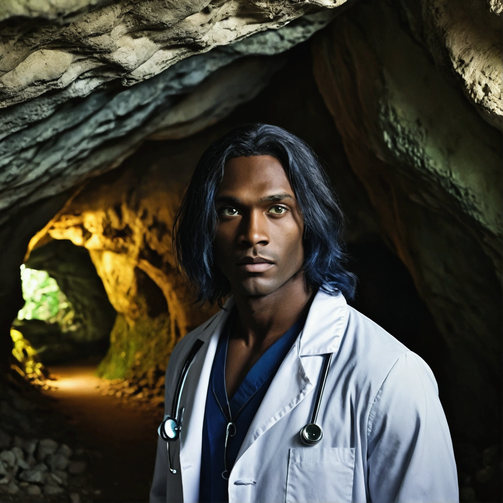 ((Domestically human))Abandoned cave: Novel-style, Rempie, mystery, Individuality, Unique places, Closed, Horizontal view dark skinned man, Long dark blue hair, doctor coat, strong, Green Eyes