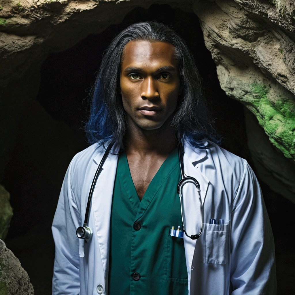 ((Domestically human))Abandoned cave: Novel-style, Rempie, mystery, Individuality, Unique places, Closed, Horizontal view dark skinned man, Long dark blue hair, doctor coat, strong, Green Eyes
