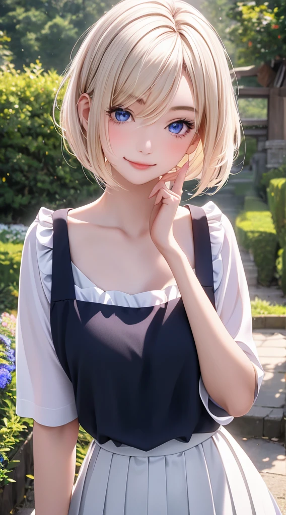 (masterpiece:1.3, Highest quality, Ultra-high resolution, Super detailed), (Realistic:1.1, photoRealistic:1.4), Beautiful illustrations, Perfect lighting, colorful, Depth of written boundary, Beautiful detailed hair, Beautifully detailed face, Beautiful attention to detail, Beautiful clavicle, Beautiful body, (Beautiful small breasts), Beautiful thighs, Beautiful feet, Beautiful fingers, View your viewers, 1 girl, Japanese, high school girl, Perfect Face, (Perfect Anatomy, Anatomically correct), Cute and symmetrical face, Baby Face, Sunburn, Glowing Skin, (short hair:1.5, Bobcut:1.2, Ash Blonde Hair), Hair between the eyes, blue eyes, Long eyelashes, thin, (Pale pink dress, Black tank top, White Skirt), (Are standing), (Cute smile,, Close your mouth),
