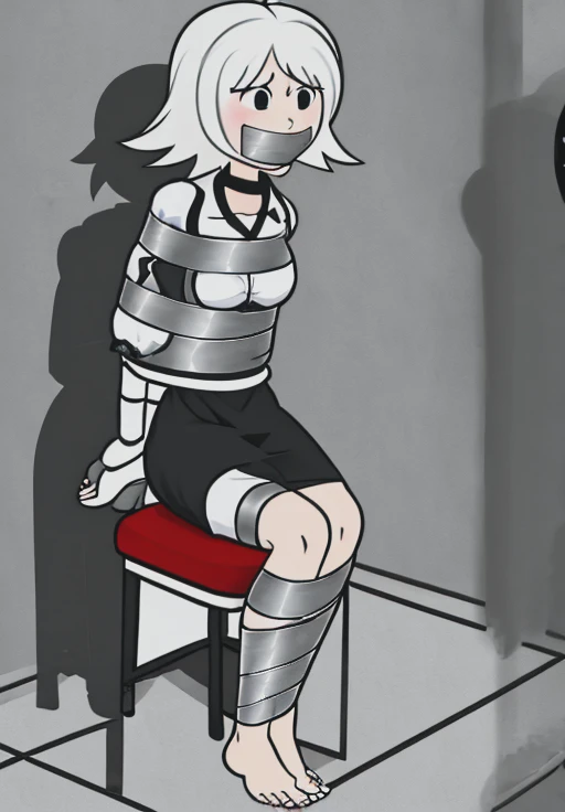 (Drawing:1.3), stickmangirl, bondage, tied, barefoot, sit on a chair, tied ankles together, tied arms,