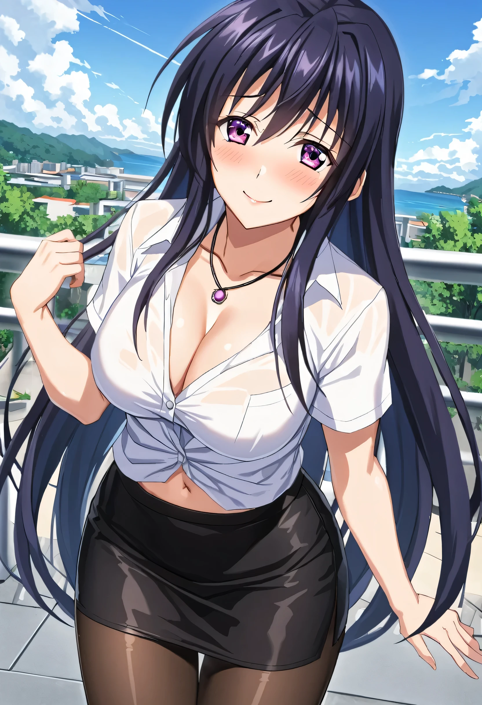 sysdeep_akeno, 1girl, solo, long_hair, looking_at_viewer, smile, large_breasts, black_hair, ribbon, jewelry, very_long_hair, purple_eyes, collarbone, cleavage, outdoors, sky, day, cloud, necklace, shirt, white shirt, short shirt, navel, skirt, pencil skirt, pantyhose, standing, smile, blush, Embarrassed 