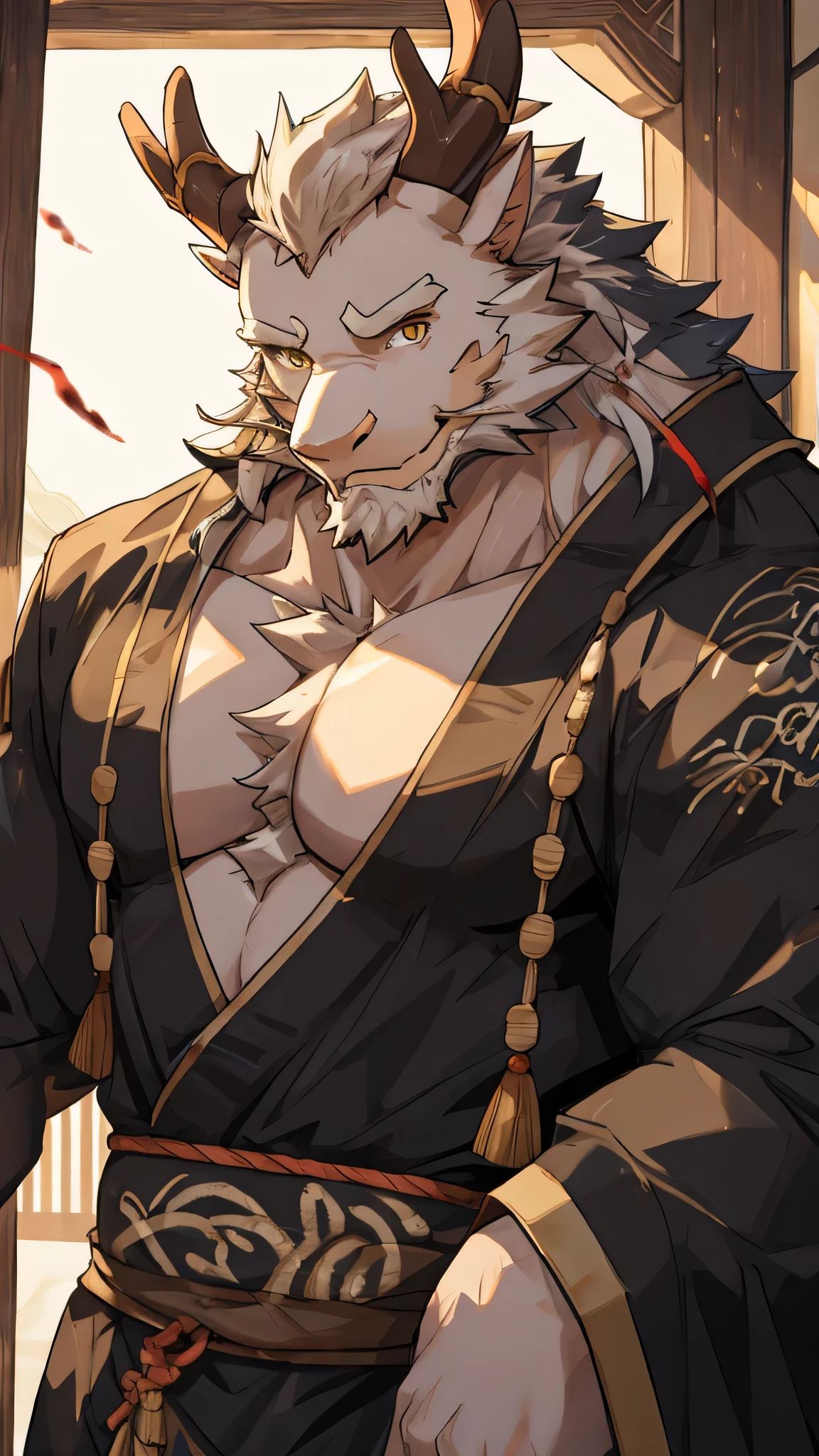 (white eastern dragon),furry,white mustache,big pecs,hearty males,muscular,black imperial robe,naked,adult,traditional_chinese_room,head portrait,scar,blood