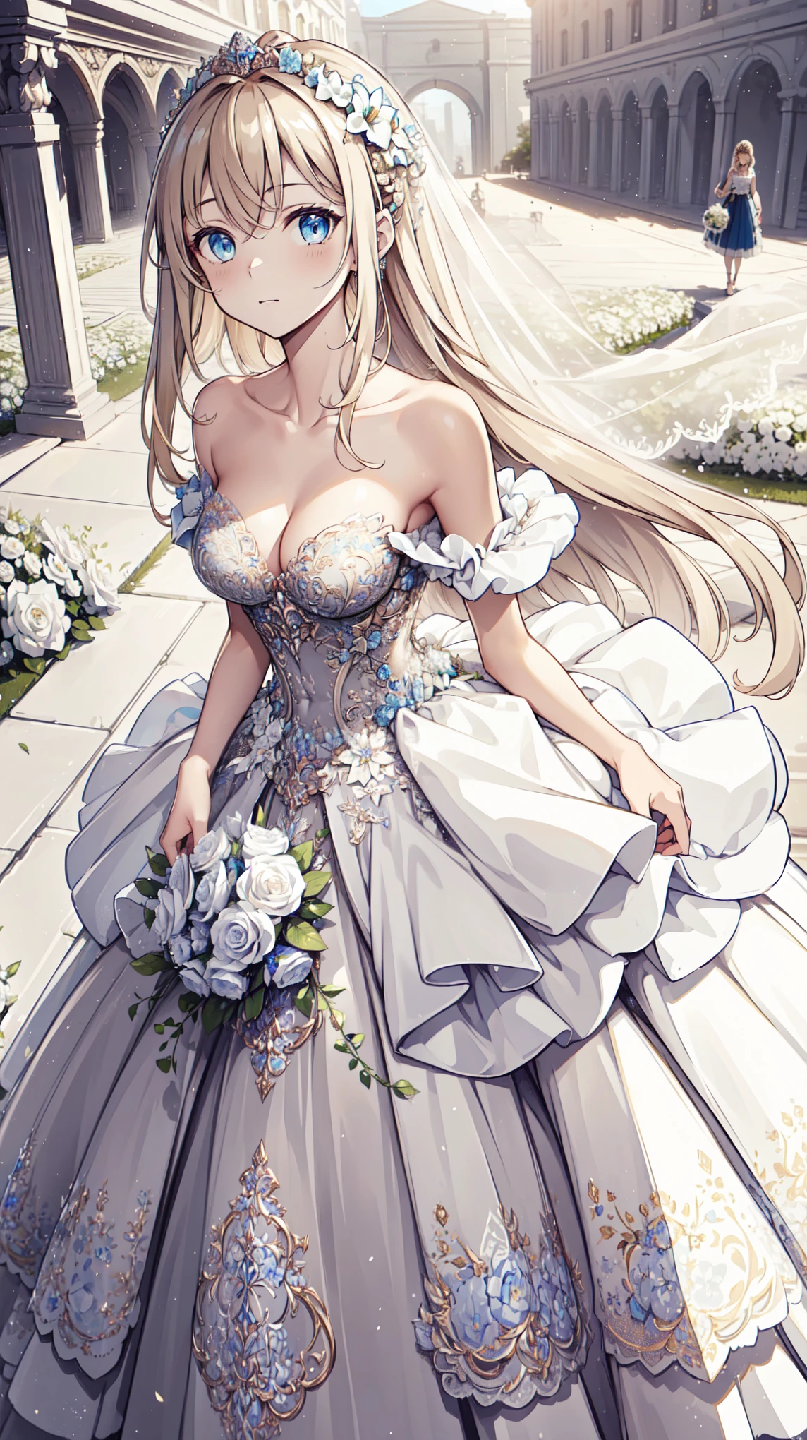 (masterpiece, best quality, beautiful and aesthetic:1.3), Looking at the audience, 1 Girl, Solitary, A faint smile, (cosmetic, Long hair, Light Beige Hair, blue eyes:1.2), Octane Rendering, Wedding Veil, Lace-trimmed dress, transparent, Wedding dress, outdoor, White Rose, garden, morning, permanent, Extremely detailed,
