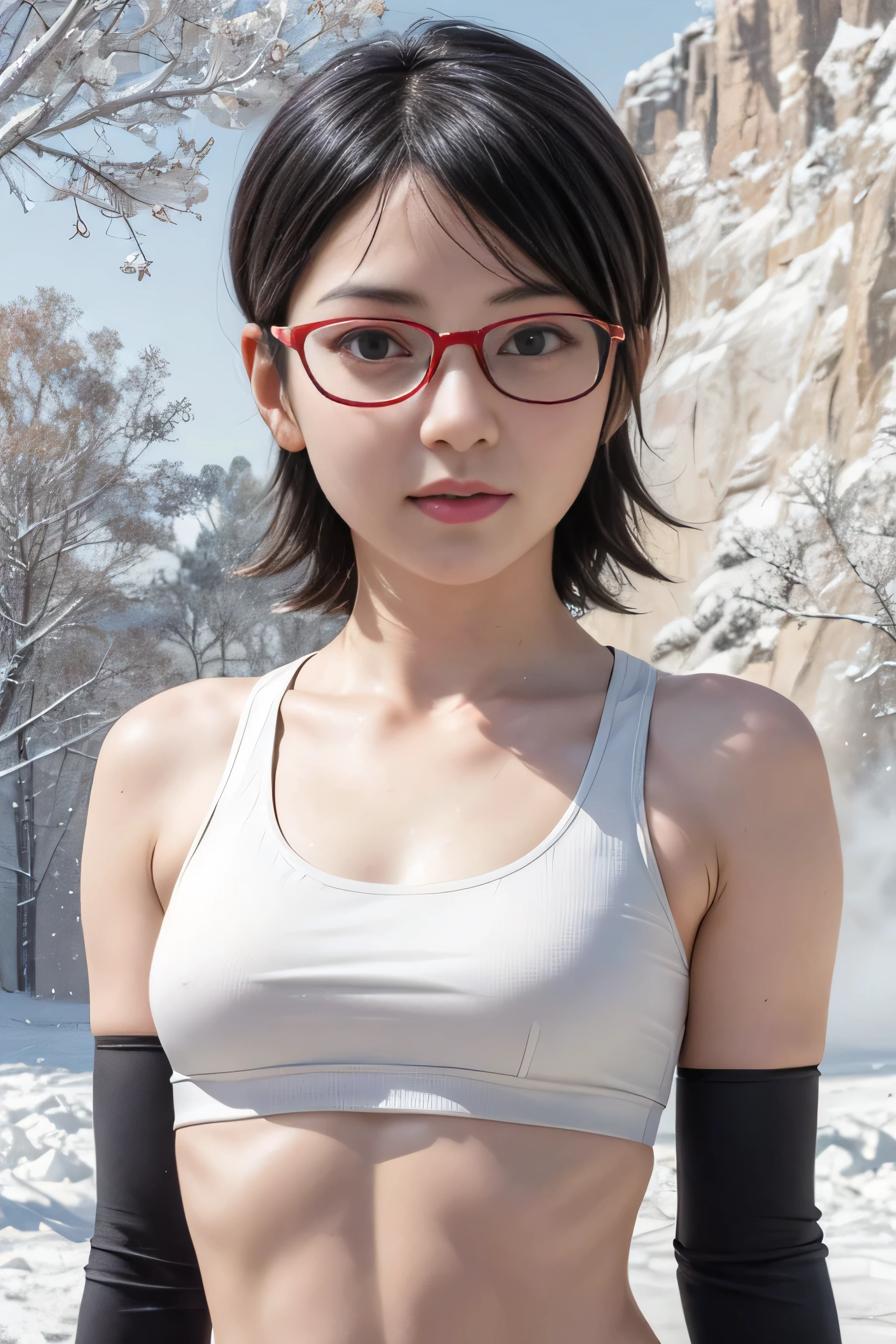 masterpiece, best quality, (realistic,photo-realistic:1.4), (RAW photo:1.2), extremely detailed CG unity 8k wallpaper, delicate and beautiful, amazing,finely detail, official art, absurdres, incredibly absurdres, huge filesize, ultra-detailed,extremely detailed eyes and face,light on face,yuuki asuna,(little smile),(black hair:1.4),(wearing sports bra:1.4),(very short hair:1.4),nature,sarada uchiha ,(wearing red framed glasses:1.4),(winter background:1.4)