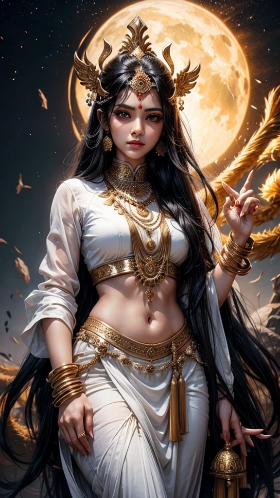 Sexy hot hindu female gods white outfit long black hair holding trishul nearly lion beautiful face HD