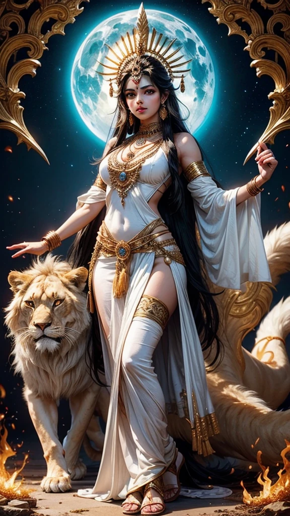 Sexy hot hindu female gods white outfit long black hair holding trishul nearly lion beautiful face HD 