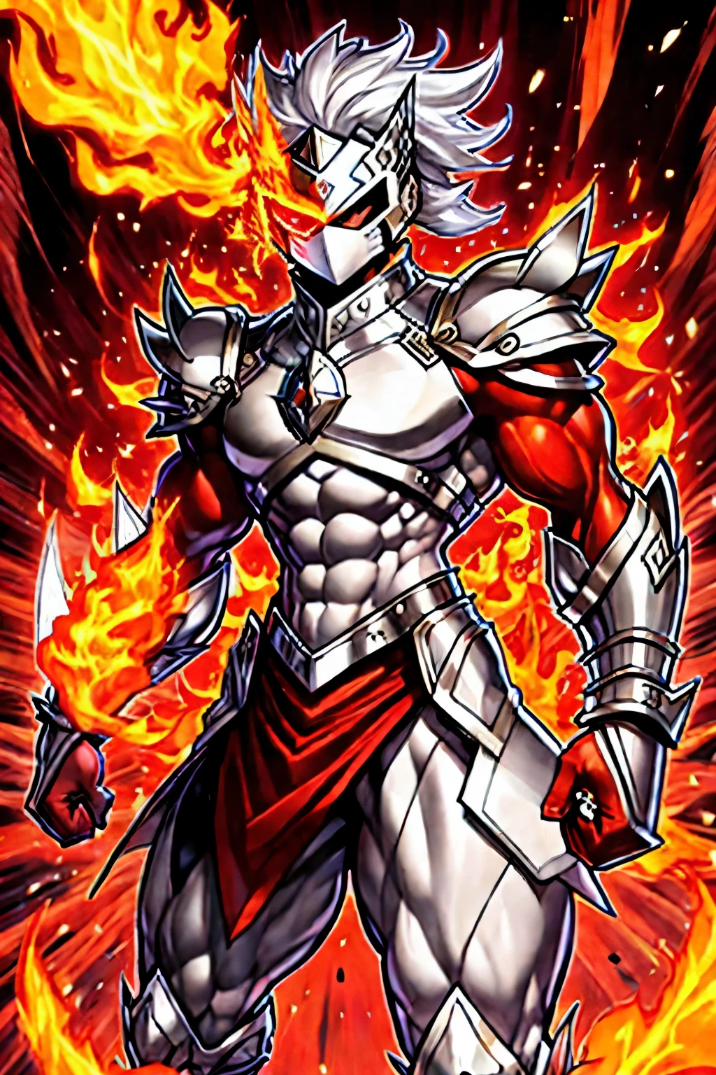 Silver male masked warrior overflowing red fire power 