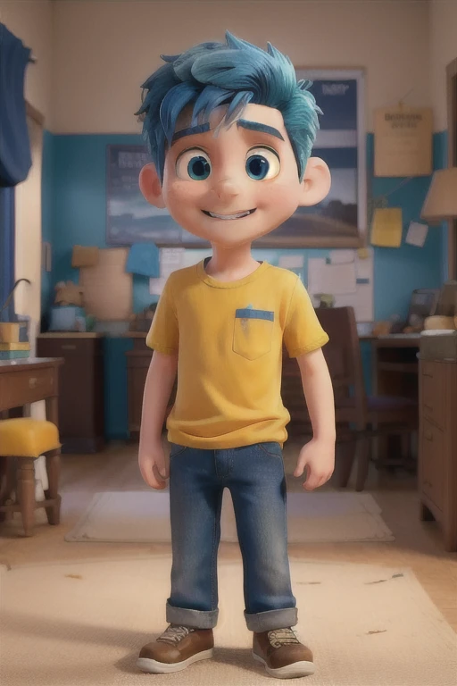 work of art, best qualityer, a boy with blue hair and a yellow shirt, funnily similar to movie character.