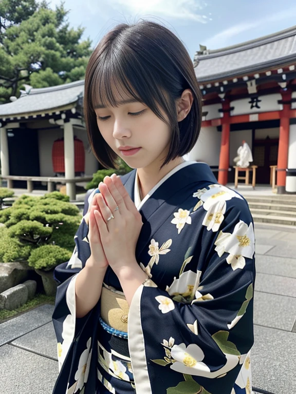 (Dressed in beautiful and colorful kimonos、Close-up portrait of a short-haired woman with blunt bangs:1.5)、(Woman praying with eyes closed at a Japanese shrine:1.5)、(A shrine in Japan with a winter sky:1.5)、(Perfect Anatomy:1.3)、(No mask:1.3)、(Full Finger:1.3)、32 years old、Slightly upturned、Married Woman Style、cute、Realistic、photograph、Tabletop、Highest quality、High resolution, Delicate and beautiful、Perfect Face、Beautiful attention to detail、Fair skin、Real human skin、pores、((Thin legs))、(Black Hair)