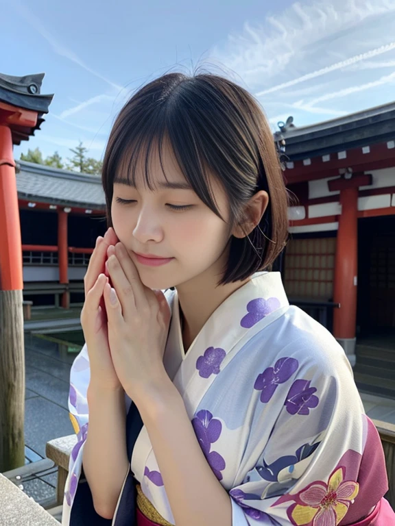 (Dressed in beautiful and colorful kimonos、Close-up portrait of a short-haired woman with blunt bangs:1.5)、(Woman praying with eyes closed at a Japanese shrine:1.5)、(A shrine in Japan with a winter sky:1.5)、(Perfect Anatomy:1.3)、(No mask:1.3)、(Full Finger:1.3)、32 years old、Slightly upturned、Married Woman Style、cute、Realistic、photograph、Tabletop、Highest quality、High resolution, Delicate and beautiful、Perfect Face、Beautiful attention to detail、Fair skin、Real human skin、pores、((Thin legs))、(Black Hair)