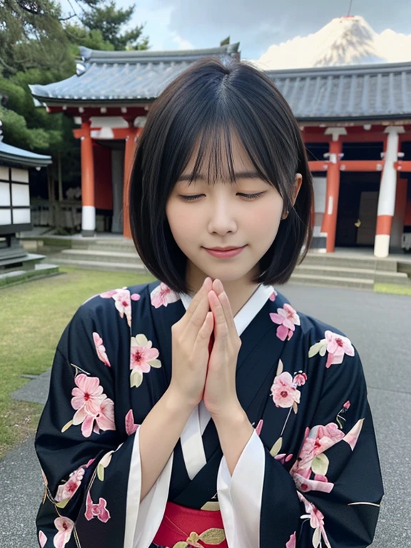 (Dressed in beautiful and colorful kimonos、Close-up portrait of a short-haired woman with blunt bangs:1.5)、(Woman praying with eyes closed at a Japanese shrine:1.5)、(A shrine in Japan with a winter sky:1.5)、(Perfect Anatomy:1.3)、(No mask:1.3)、(Full Finger:1.3)、32 years old、Slightly upturned、Married Woman Style、cute、Realistic、photograph、Tabletop、Highest quality、High resolution, Delicate and beautiful、Perfect Face、Beautiful attention to detail、Fair skin、Real human skin、pores、((Thin legs))、(Black Hair)