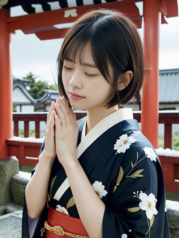 (Dressed in beautiful and colorful kimonos、Close-up portrait of a short-haired woman with blunt bangs:1.5)、(Woman praying with eyes closed at a Japanese shrine:1.5)、(A shrine in Japan with a winter sky:1.5)、(Perfect Anatomy:1.3)、(No mask:1.3)、(Full Finger:1.3)、32 years old、Slightly upturned、Married Woman Style、cute、Realistic、photograph、Tabletop、Highest quality、High resolution, Delicate and beautiful、Perfect Face、Beautiful attention to detail、Fair skin、Real human skin、pores、((Thin legs))、(Black Hair)