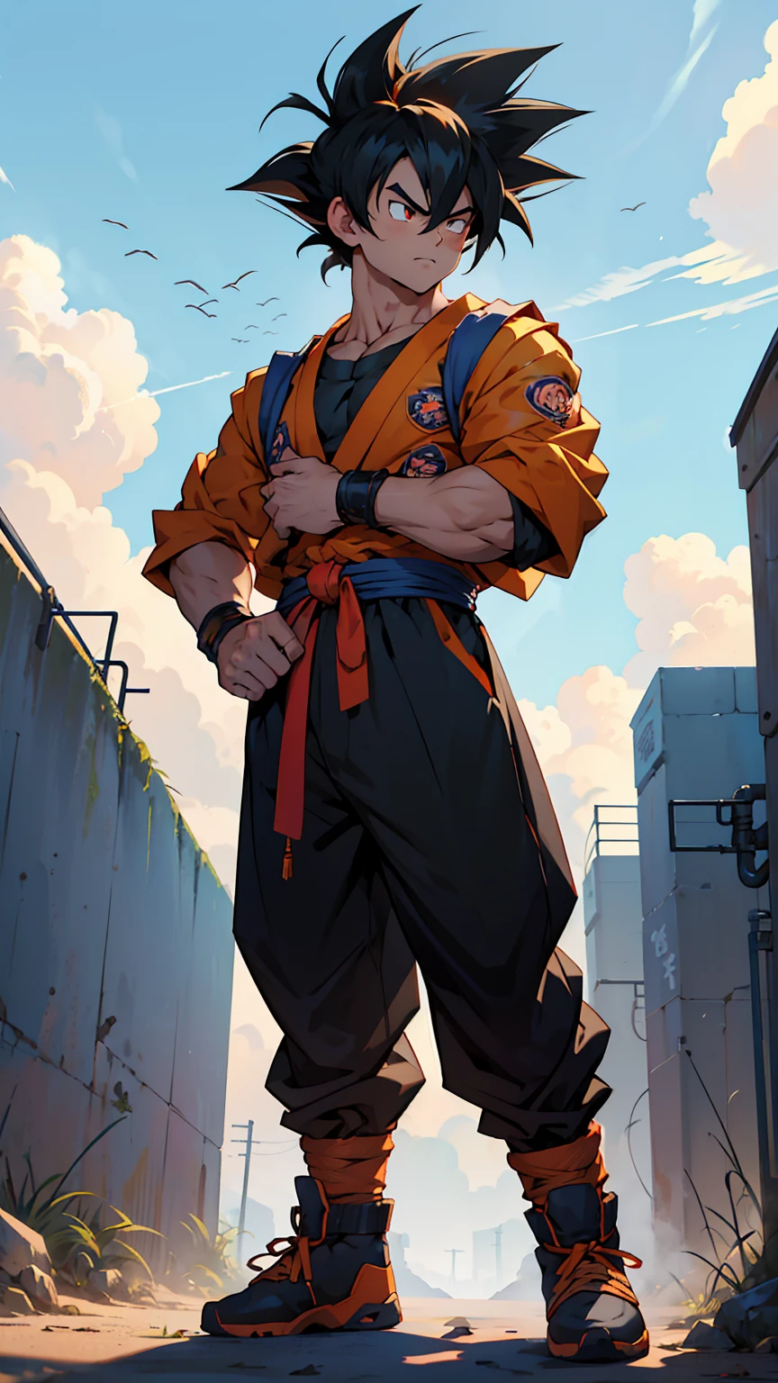 anime style, score_9, score_8_up, score_7_up, score_6_up, score_5_up, score_4_up, Son Goku, 1boy, 独奏, Goku&#39;s Face,Black orange kimono, Hand cross, Blurred Background, Angry expression, comics, Rope tied around the waist, (((((Muscular))))), (nympho/nymphomaniac/bitch/erotomania/naughy/lewd), 