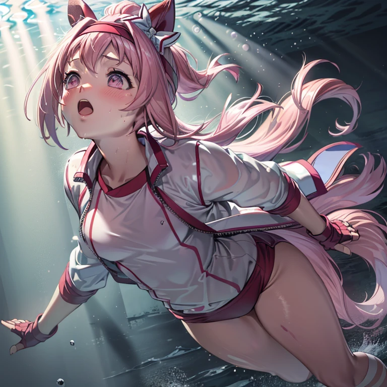 masterpiece, best quality, super detail, ultra realistic, anatomically correct, submerged portraits, fantastic art photography, light leak effect, depth of fields, god rays, backlighting, caustics,

1girl, Solo, 

Moe, kawaii,

transparent, 
shiny school gym clothes, upper tracksuit, Beautiful face, Pink hair, pink horse tail, Hachimaki,

(lying), drowned,
looking up, look up at the ceiling, hands up, open legs wide, Unconscious eyes, yell out in surprise, 
blush,
open her mouth in lost consciousness,

underwater, 
inside a cage,
floor is wooden floor,

blowing in the wind,
A lot of small bubbles, 
Fine bubbles around the body,

from side,
full body,

dutch Angle,
depth of fields, 
god rays