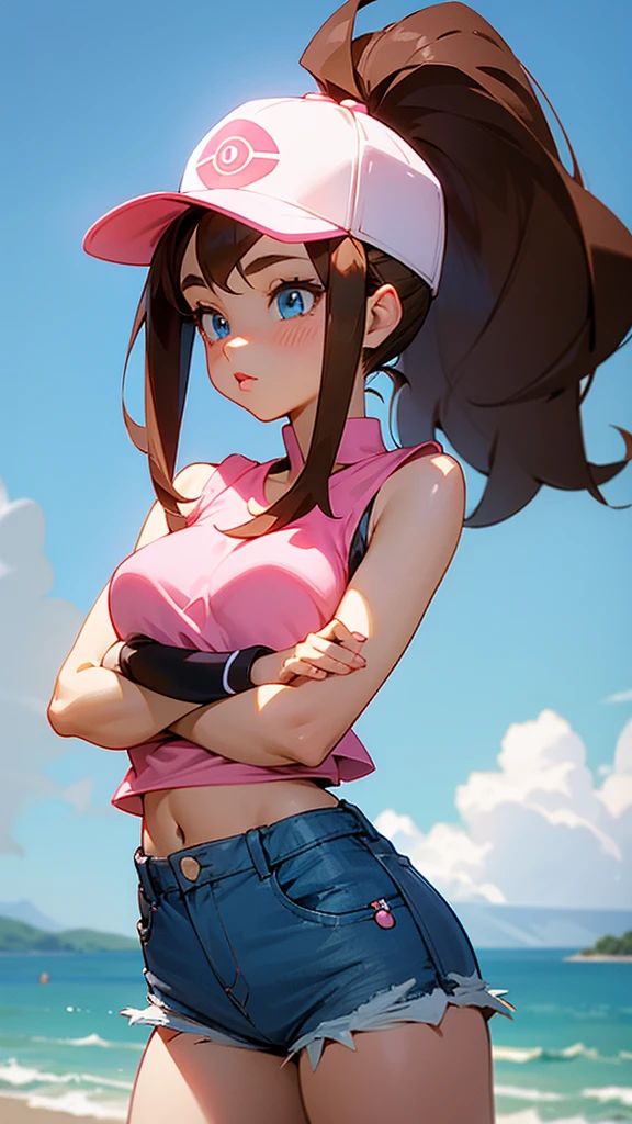 Hilda from Pokémon, Pokémon trainer, cute girl, brown hair, white and pink baseball cap, ponytail, jean shorts, sleeveless top, pretty, glossy lips, adult woman, 25 years old, american woman, tomboy, sky blue eyes  