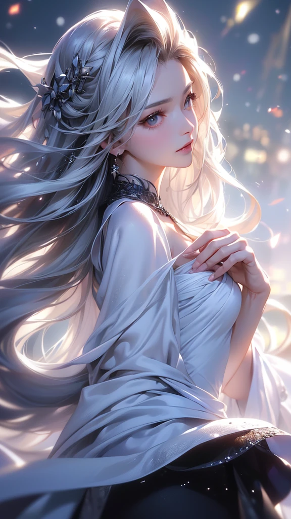 ((masterpiece:1.5、8k、Portraiture、フォトリアリスティックでVery detailedなCG、Very detailed、Particle Effects、Dynamic Effects、Shallow depth of field、Cinematic Light、Lens flare、Ray Tracing、Tabletop、Realistic:1.4、Ultra-high resolution:1.2、Realistic、Realistic))((alone、Woman wearing a cashmere coat:1.4、Elegant woman posing、look up、Detailed face、bright表情、young, bright, Whiter skin、small breasts、Beautiful cleavage、Best Looks、Ultimate beauty、Shiny silver hair with highlights、bright and shiny hair,、Super long, Silky straight hair、Hair dancing in the wind))(morning、The setting is outdoors in the snow、Surrounded by illuminations)